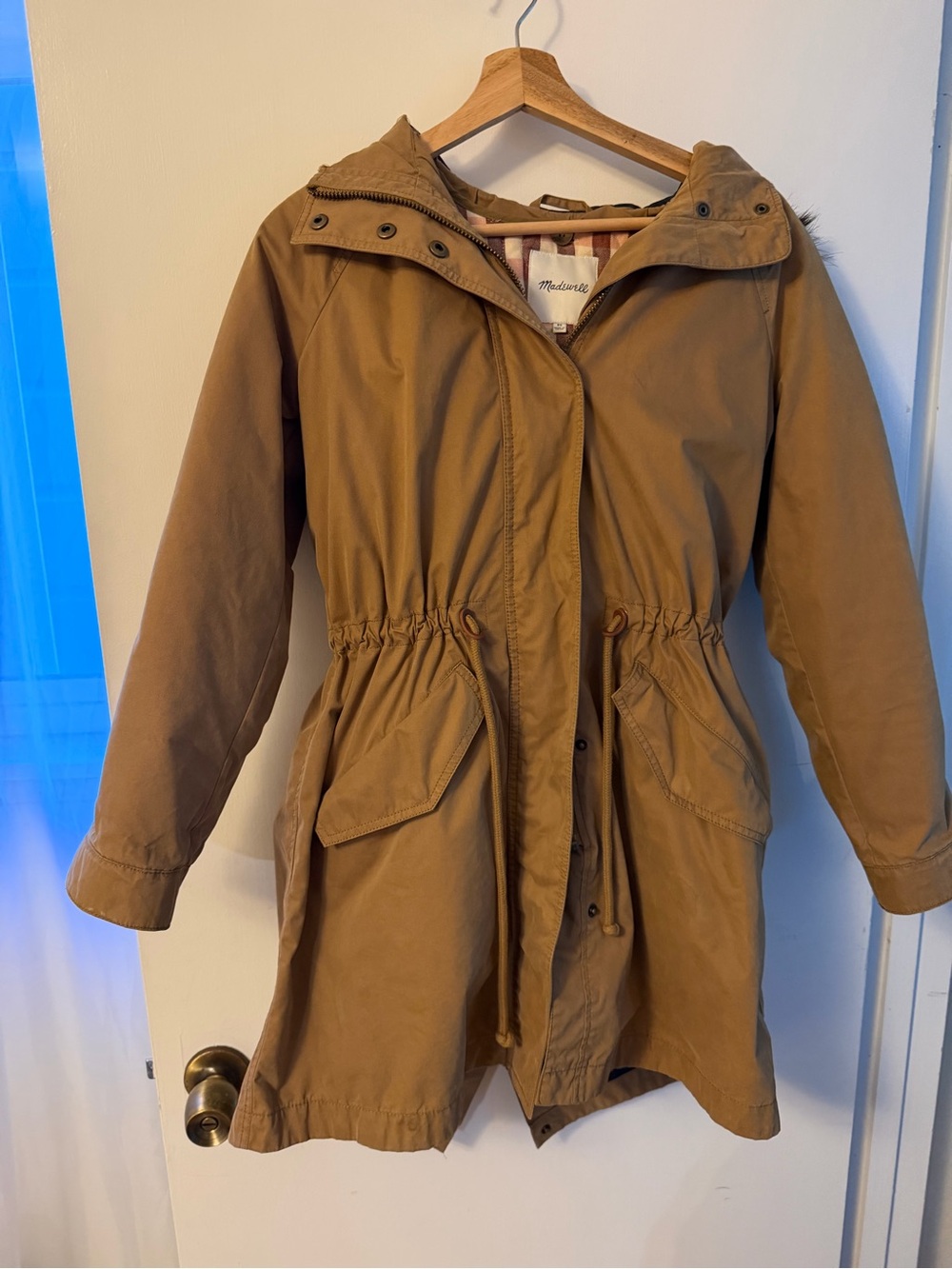 Madewell Tan Jacket with Removable Red and White Plaid Lining and Hood - Picture 3 of 11